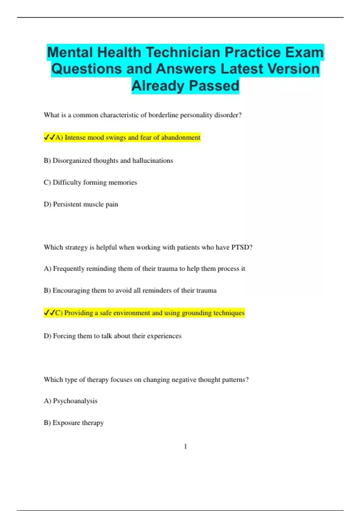 Mental Health Technician Practice Exam Questions and Answers Latest ...