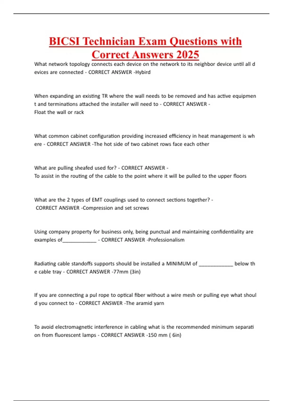 BICSI Technician Exam Questions with Correct Answers 2025 - BICSI ...