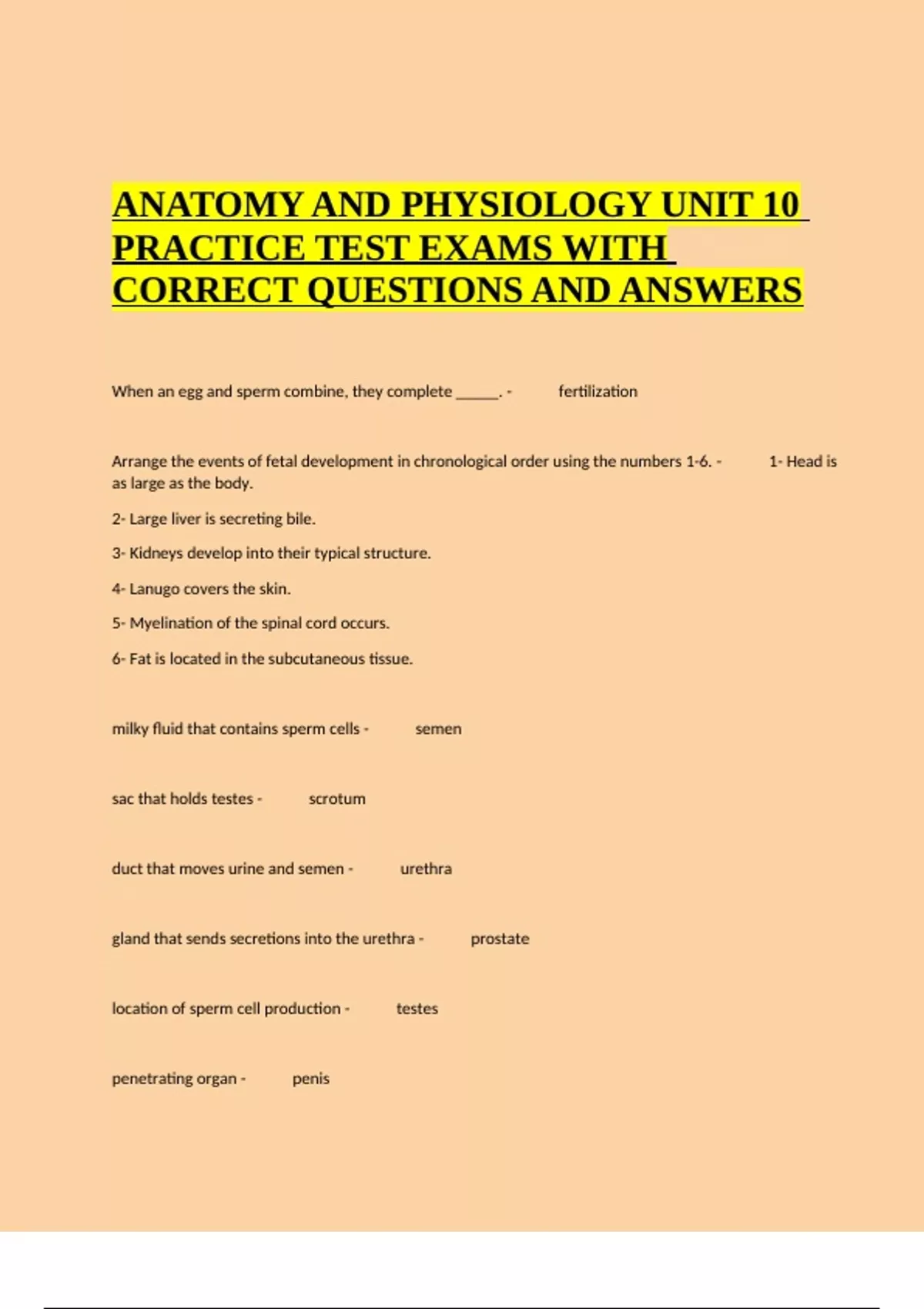 ANATOMY AND PHYSIOLOGY UNIT 10 PRACTICE TEST EXAMS WITH CORRECT ...