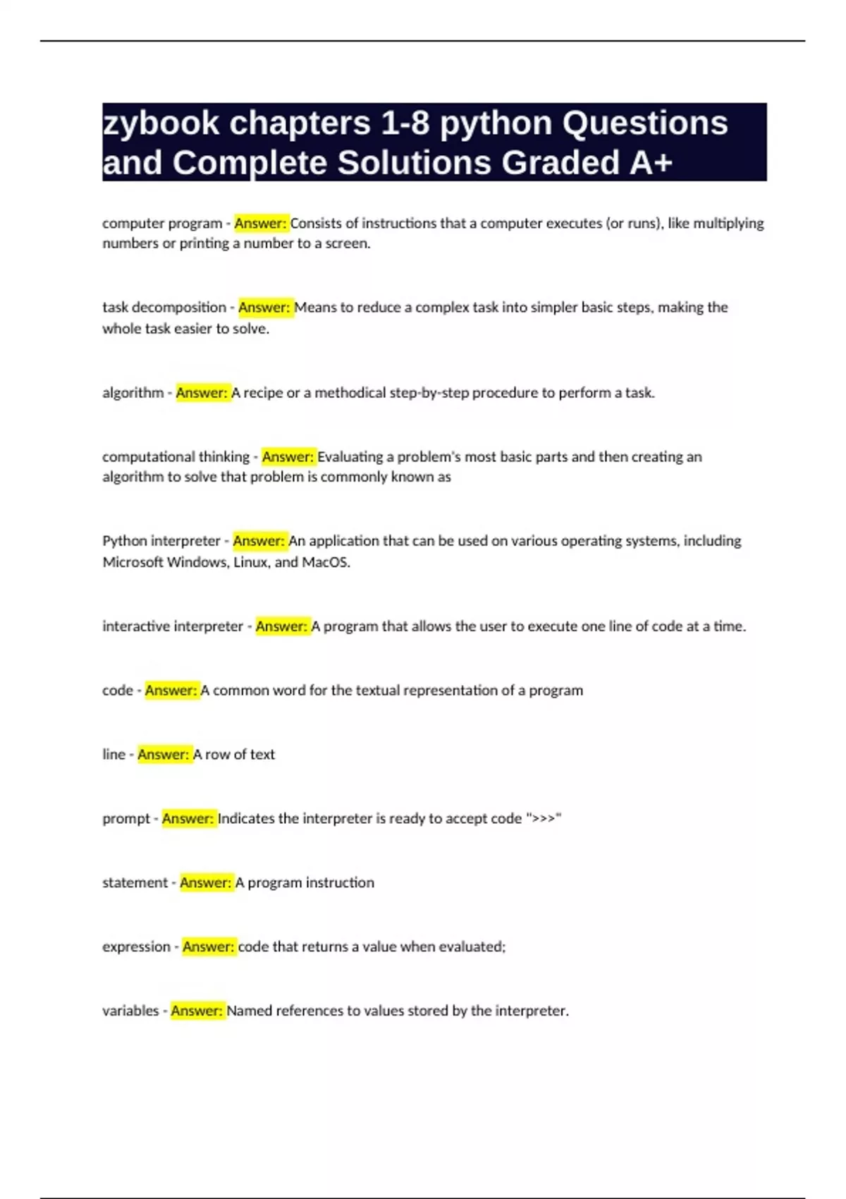 zybook chapters 1-8 python Questions and Complete Solutions Graded A+ ...