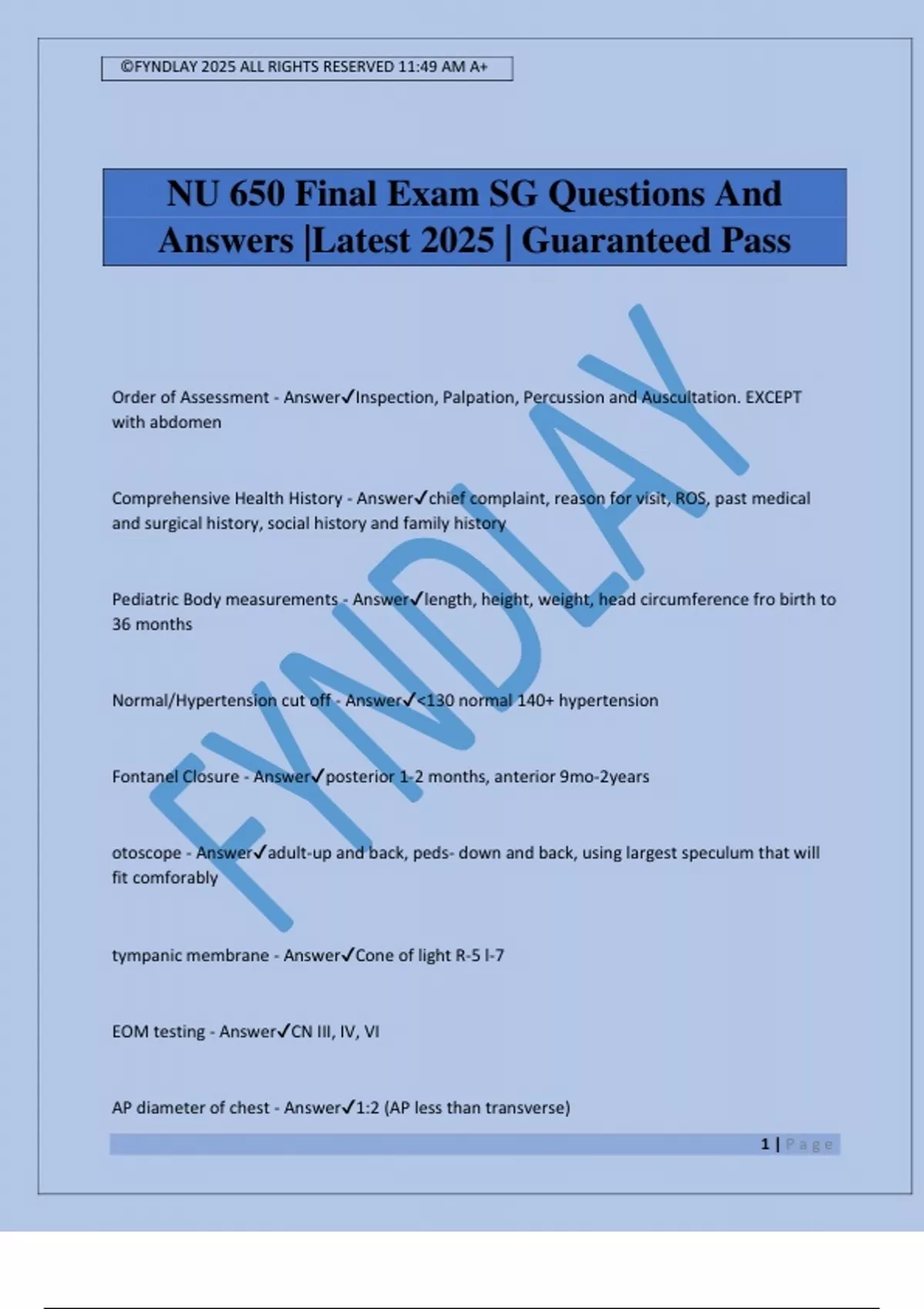 NU 650 Final Exam SG Questions And Answers |Latest 2025 | Guaranteed ...
