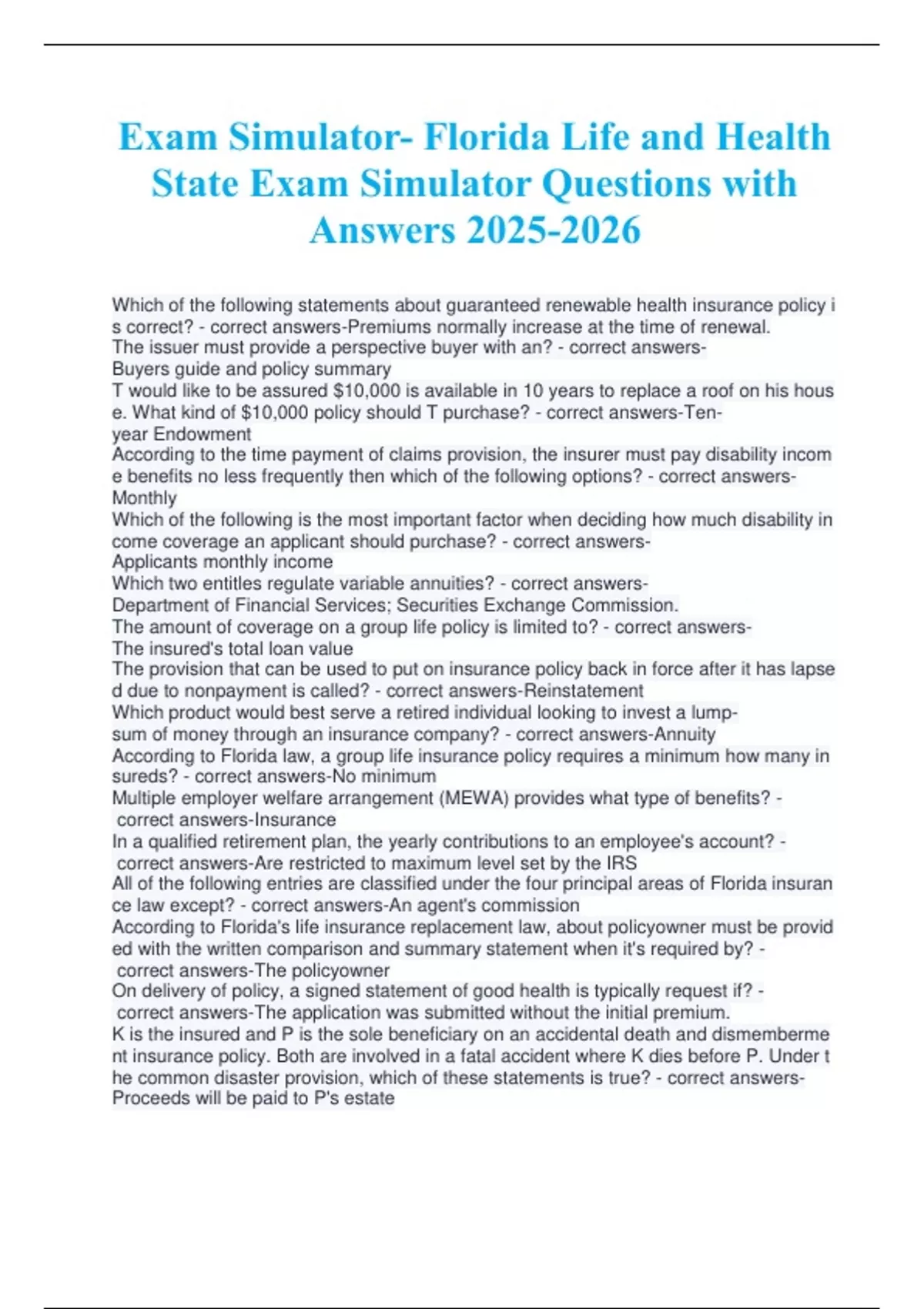 Simulator Questions Exam Simulator- Florida Life and Health State Exam Simulator Questions ...