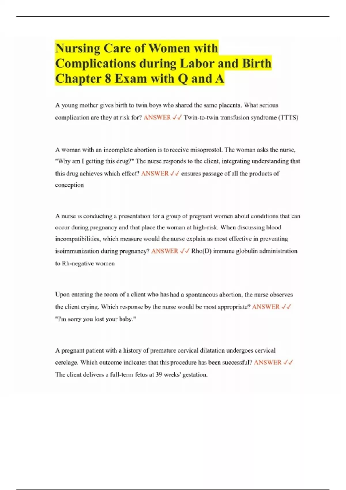 Nursing Care of Women with Complications during Labor and Birth Chapter ...