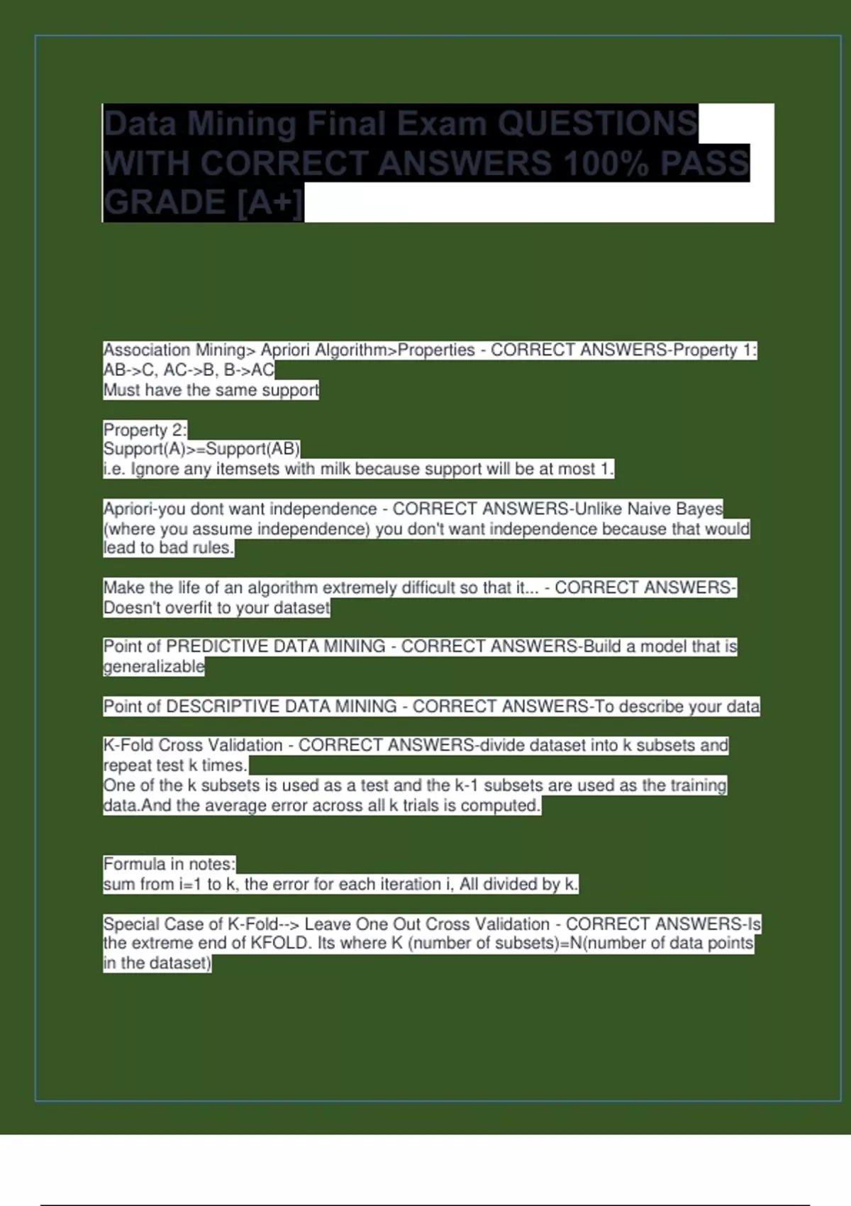 Data Mining Final Exam QUESTIONS WITH CORRECT ANSWERS 100% PASS [A+ ...