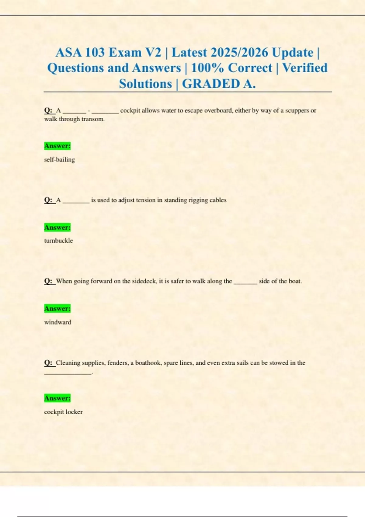 Asa Exam Path ASA 103 Exam V2 | Latest 2025/2026 Update | Questions and Answers | 100 ...