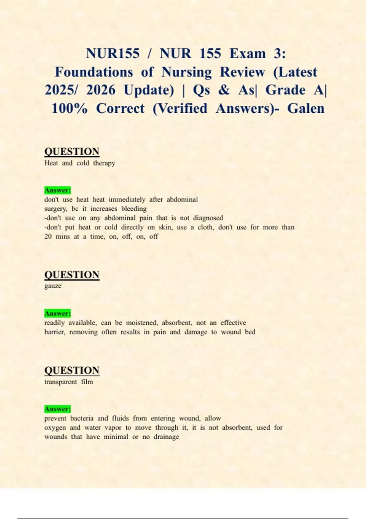 NUR155 / NUR 155 Exam 3: Foundations of Nursing Review (Latest 2025/ ...