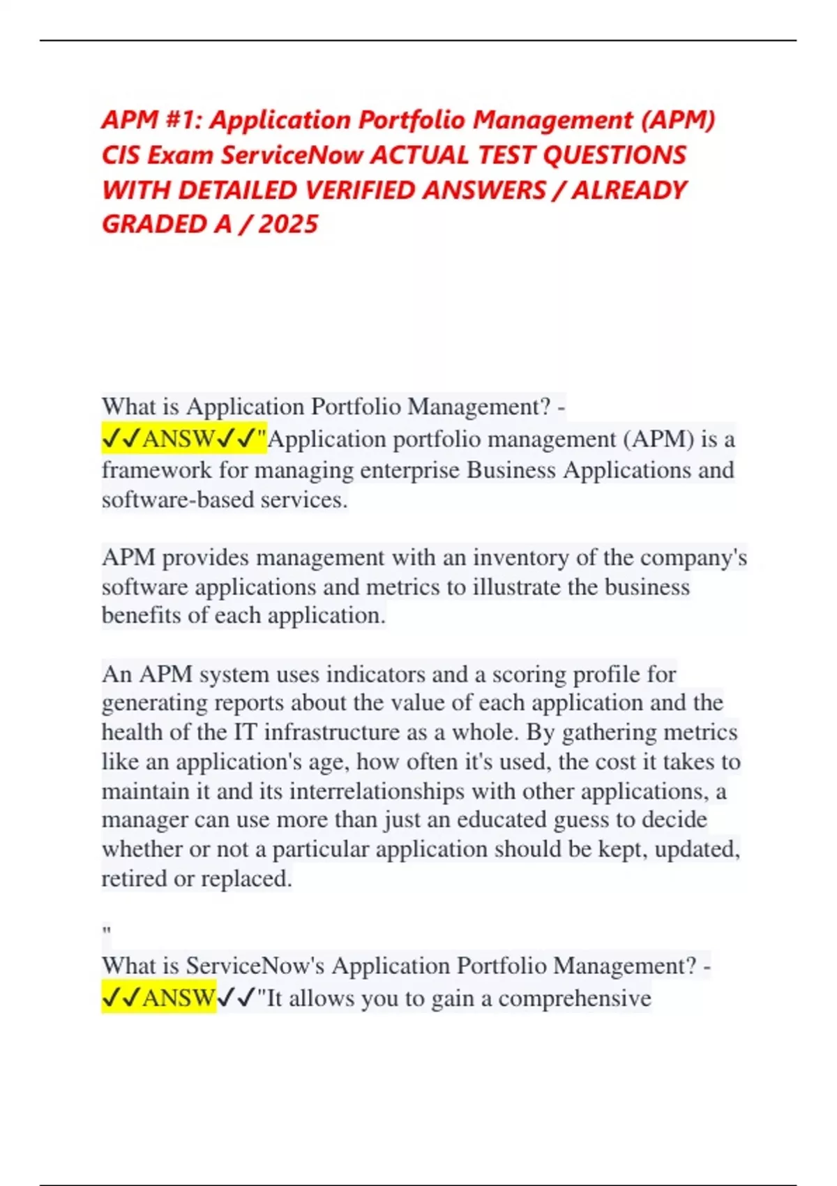 APM #1: Application Portfolio Management (APM) CIS Exam ServiceNow ...