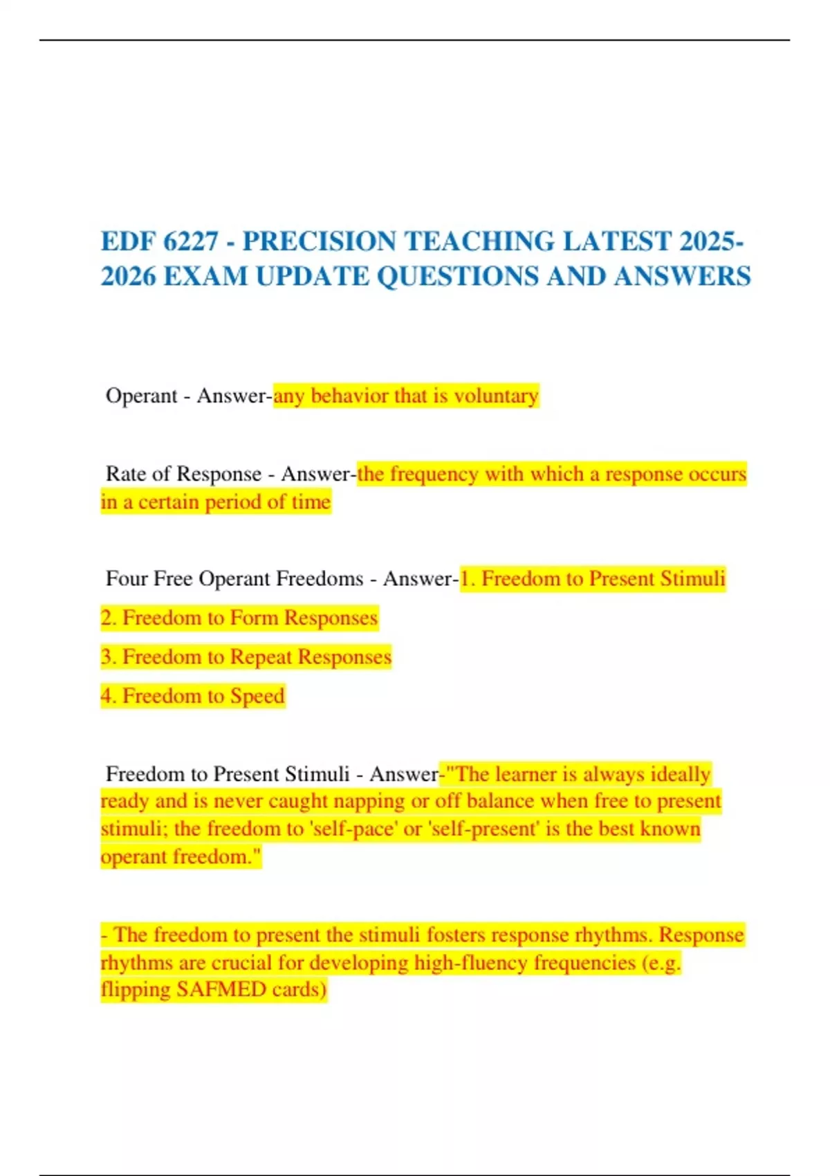 EDF 6227 - PRECISION TEACHING LATEST EXAM UPDATE QUESTIONS AND ANSWERS ...
