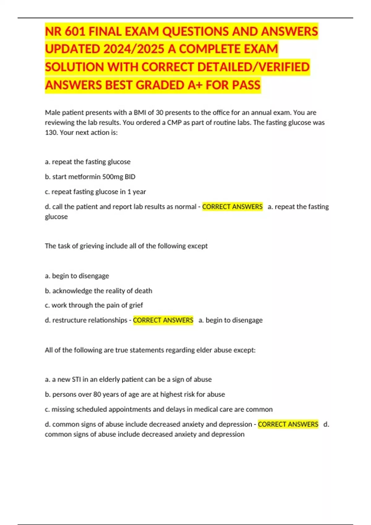 NR 601 FINAL EXAM QUESTIONS AND ANSWERS UPDATED 2024/2025 A COMPLETE ...