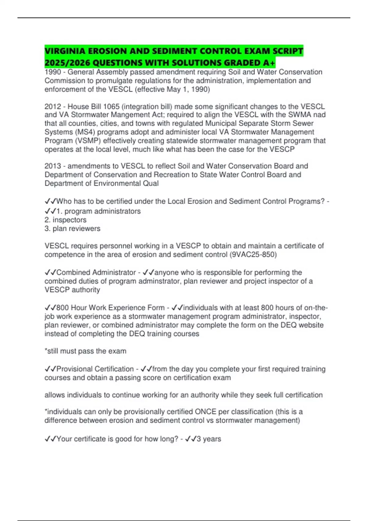 VIRGINIA EROSION AND SEDIMENT CONTROL EXAM SCRIPT 2025/2026 QUESTIONS ...