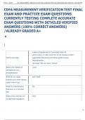 CDFA MEASUREMENT VERIFICATION TEST FINAL  EXAM AND PRACTICE EXAM QUESTIONS  CURRENTLY TESTING COMPLETE ACCURATE  EXAM QUESTIONS WITH DETAILED VERIFIED  ANSWERS &lpar;100&percnt; CORRECT ANSWERS&rpar;  &sol;ALREADY GRADED A&plus; 