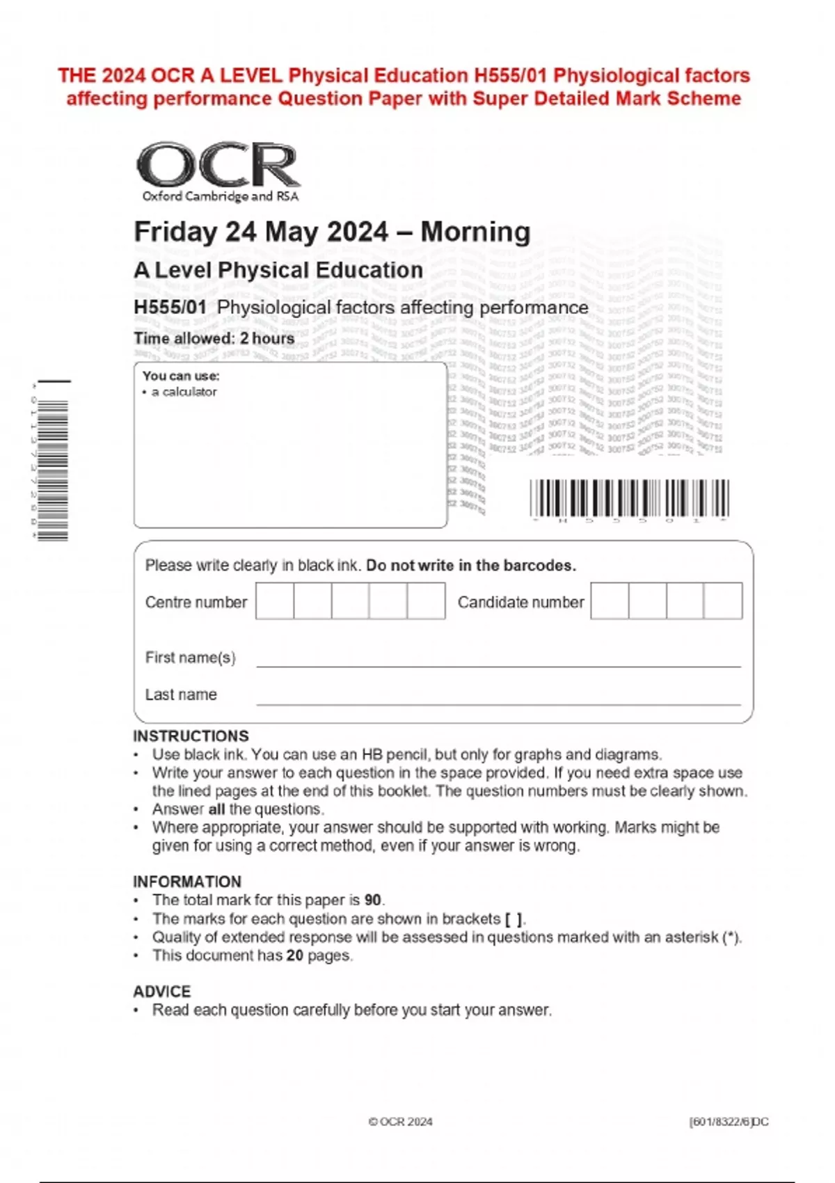 THE 2024 OCR A LEVEL Physical Education Question Paper with Super ...