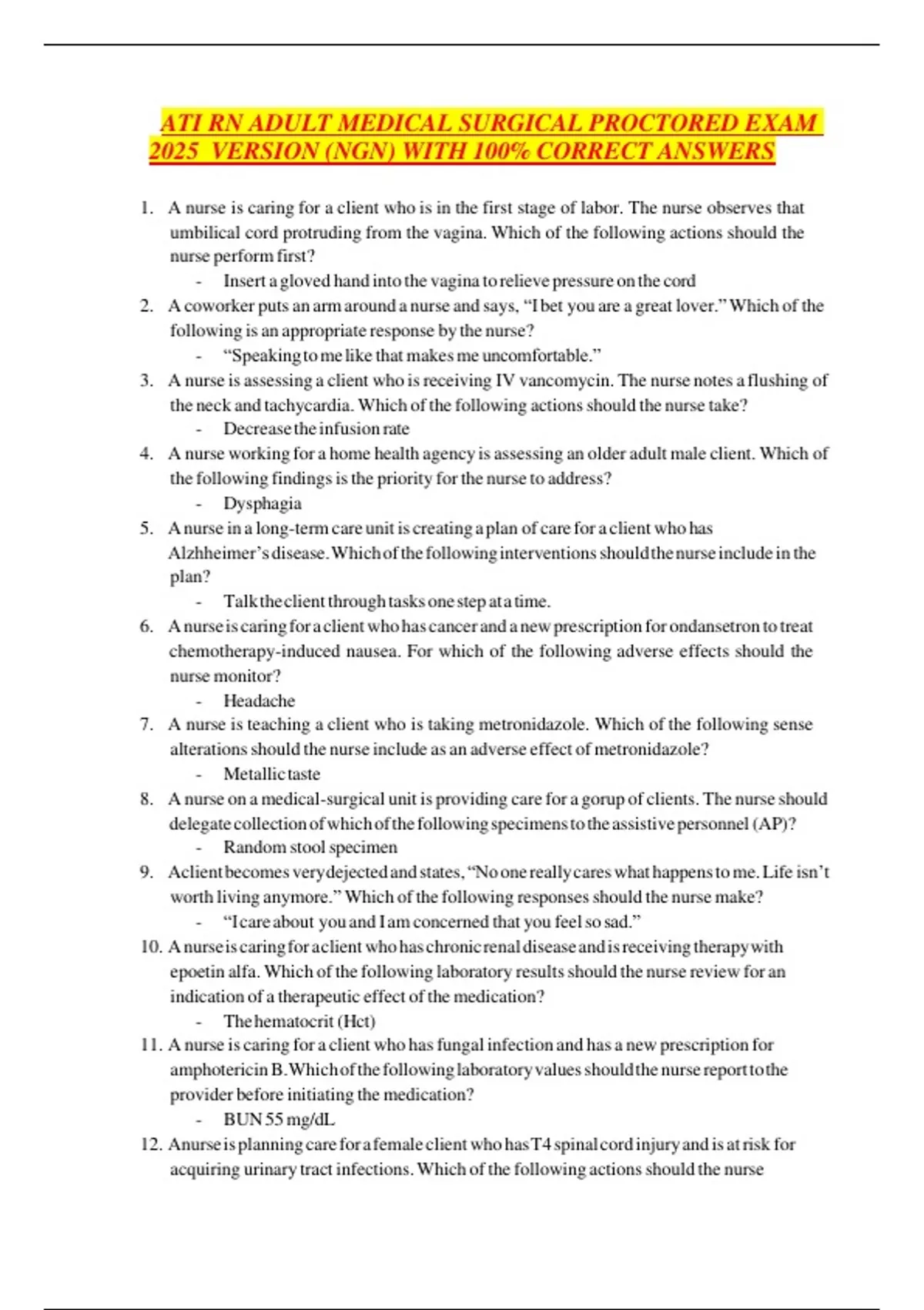 ATI RN ADULT MEDICAL SURGICAL PROCTORED EXAM 2025 VERSION (NGN) WITH ...