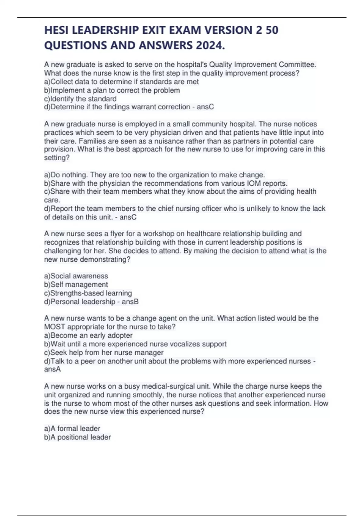 HESI LEADERSHIP EXIT EXAM VERSION 2 50 QUESTIONS AND ANSWERS 2024..pdf ...