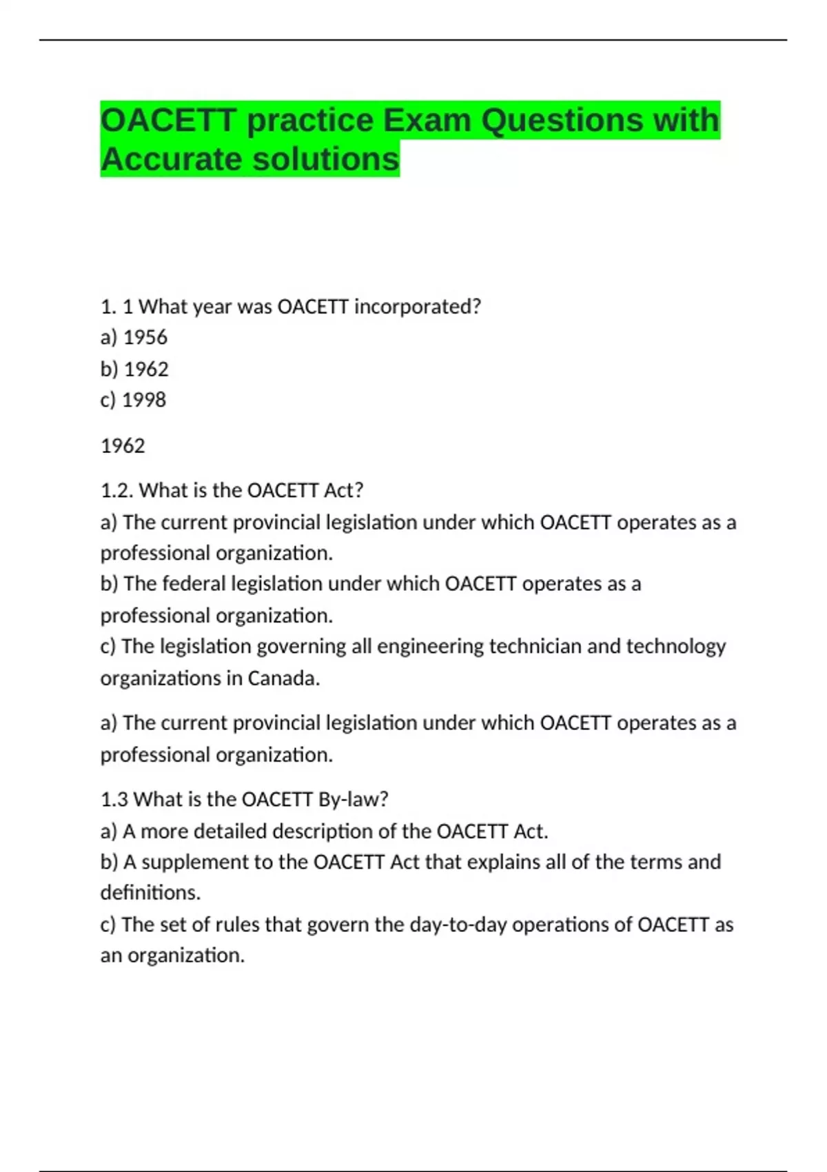 OACETT practice Exam Questions with Accurate solutions - OACETT - Stuvia US