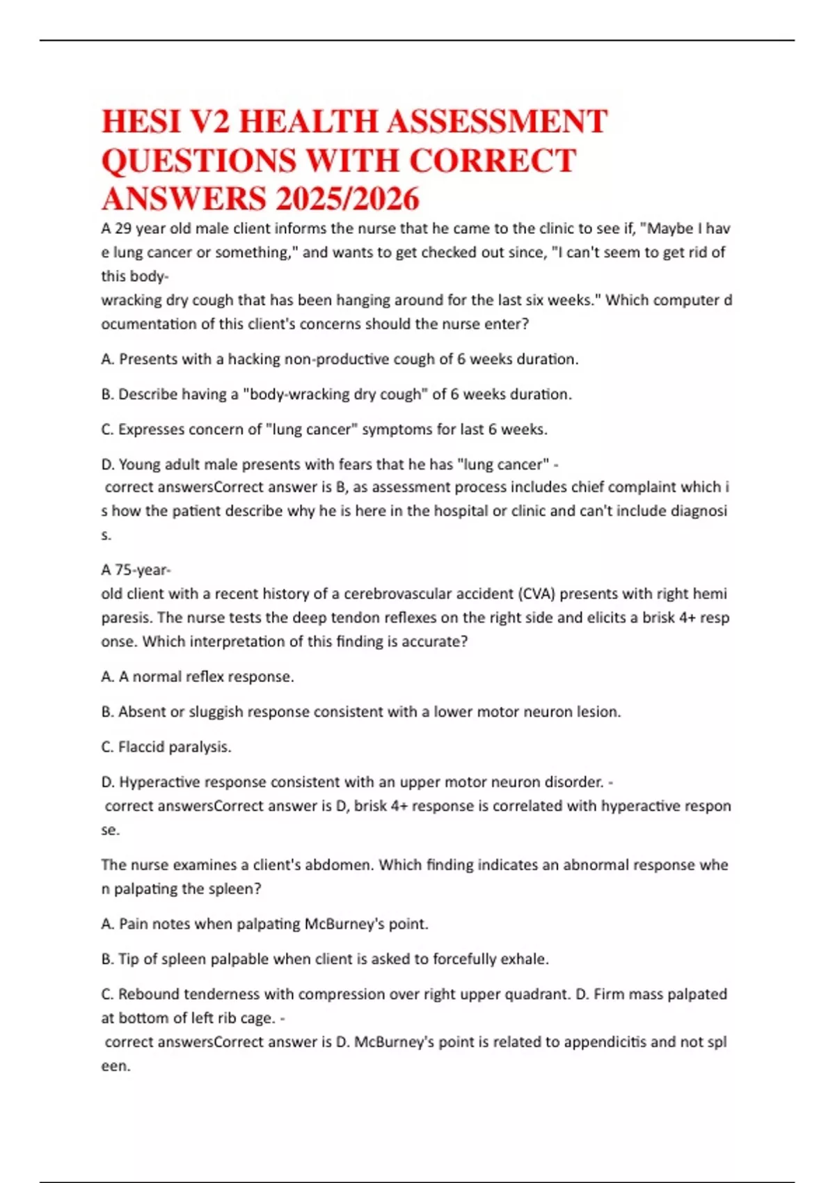 HESI V2 HEALTH ASSESSMENT QUESTIONS WITH CORRECT ANSWERS 2025 ...