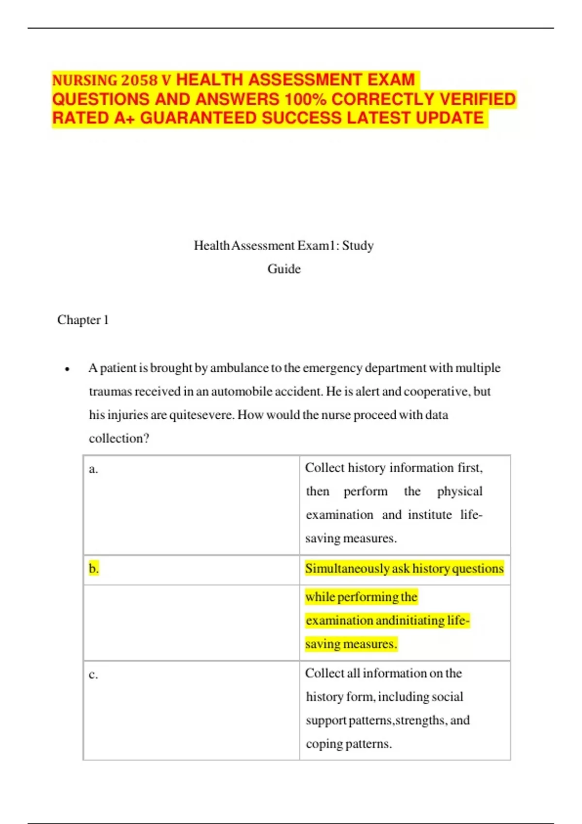 NURSING 2058 V HEALTH ASSESSMENT EXAM QUESTIONS AND ANSWERS 100% ...