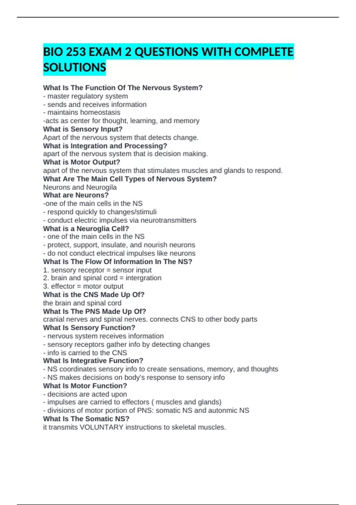 BIO 253 EXAM 2 QUESTIONS WITH COMPLETE SOLUTIONS - BIO 253 - Stuvia UK