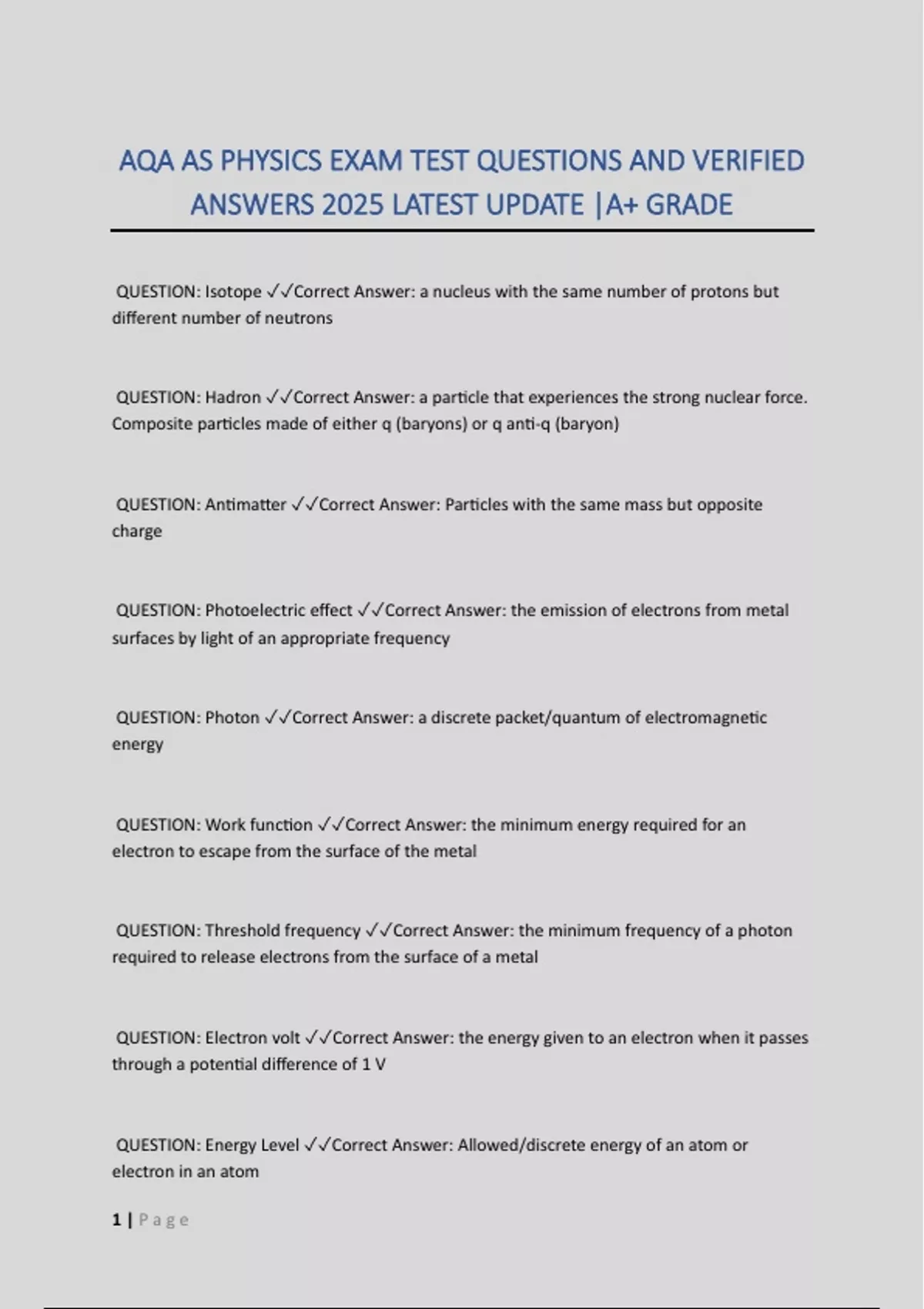 AQA AS PHYSICS EXAM TEST QUESTIONS AND VERIFIED ANSWERS 2025 LATEST ...