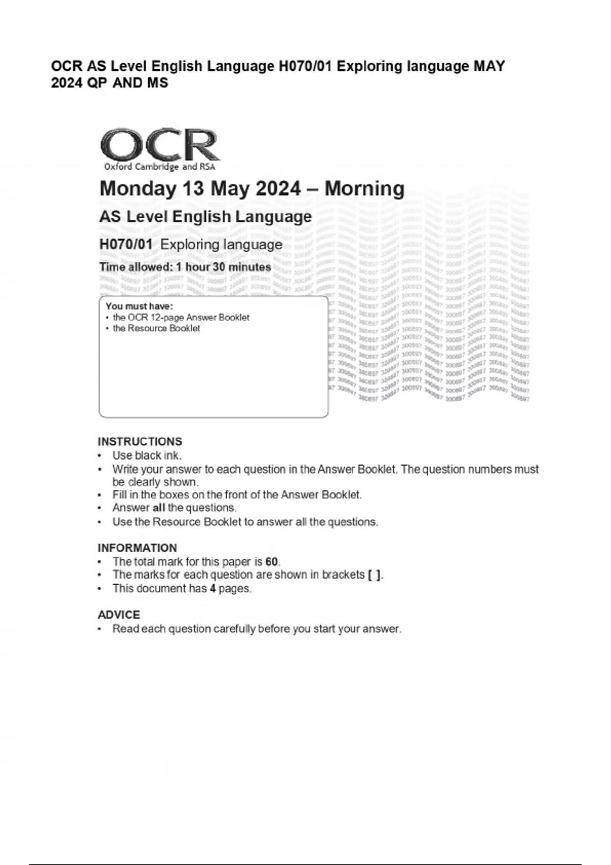 OCR AS Level English Language H070/01 Exploring language MAY 2024 QP ...