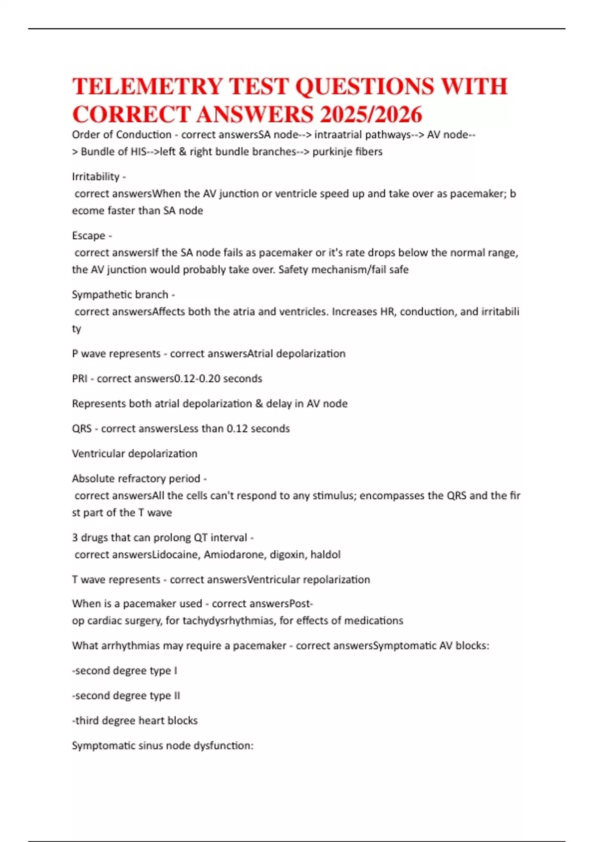 TELEMETRY TEST QUESTIONS WITH CORRECT ANSWERS 2025. - Nursing- medical ...
