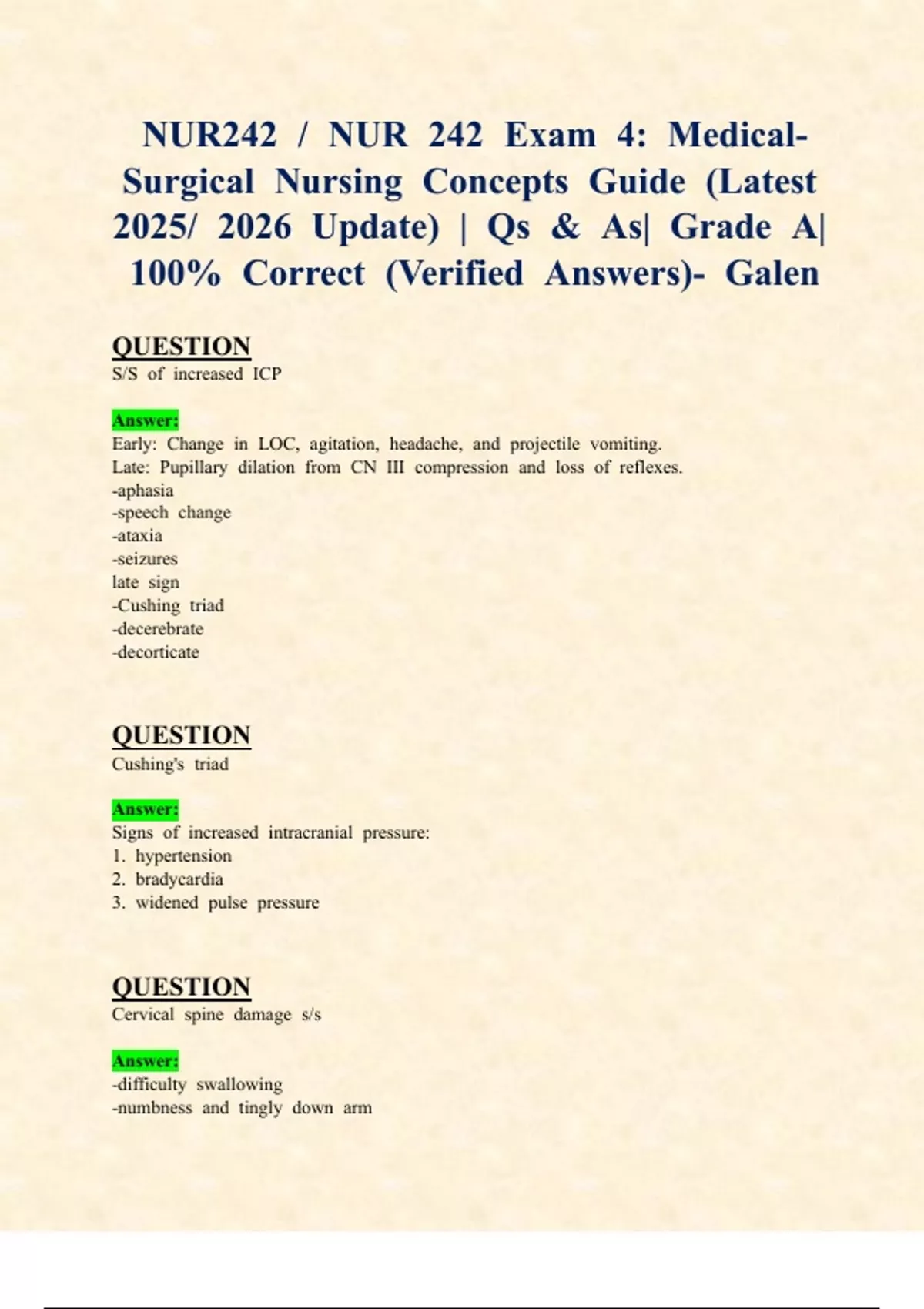 NUR242 / NUR 242 Exams 4: Medical-Surgical Nursing Concepts (Latest ...
