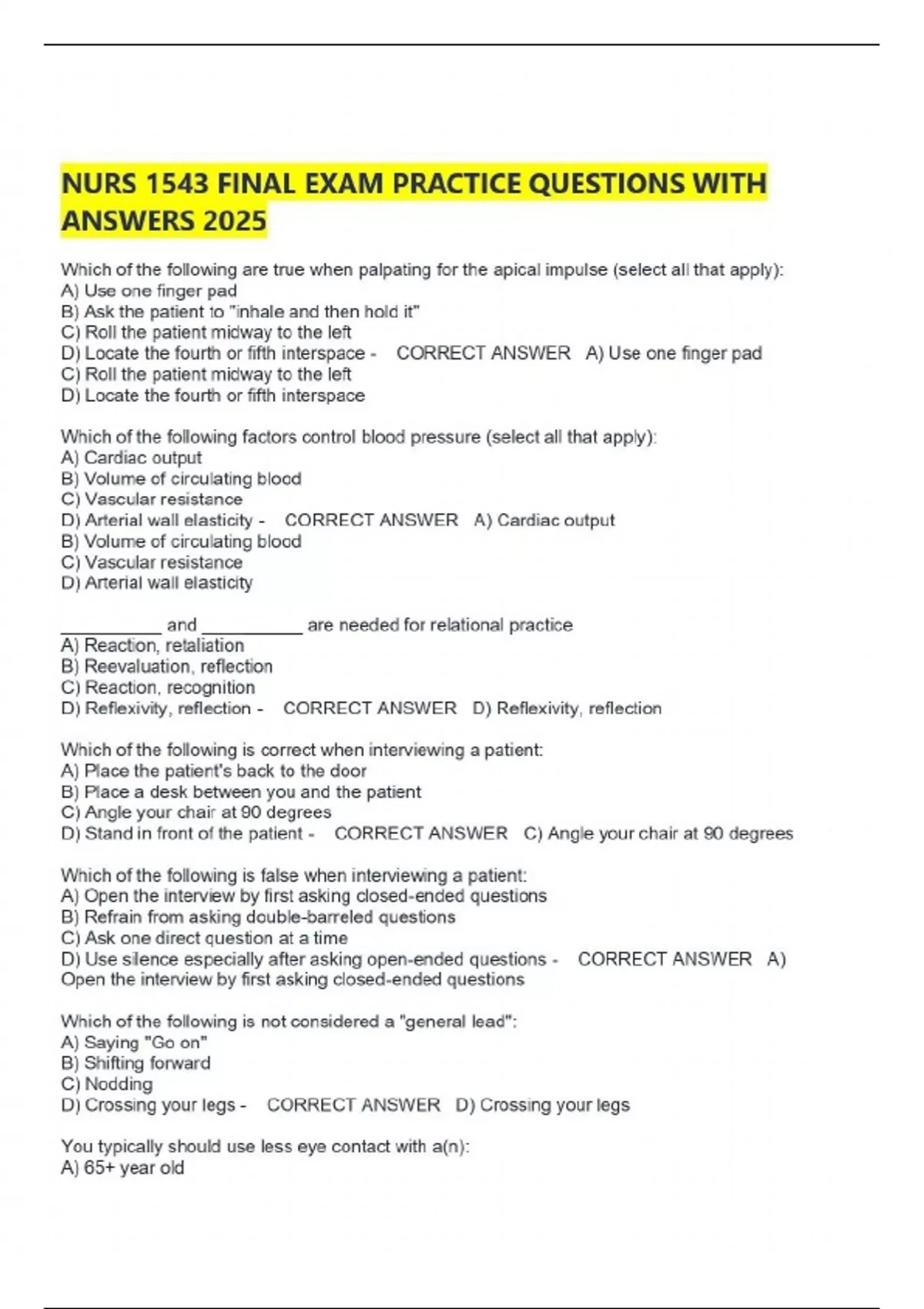 NURS 1543 FINAL EXAM PRACTICE QUESTIONS WITH ANSWERS 2025 LATEST UPDATE ...