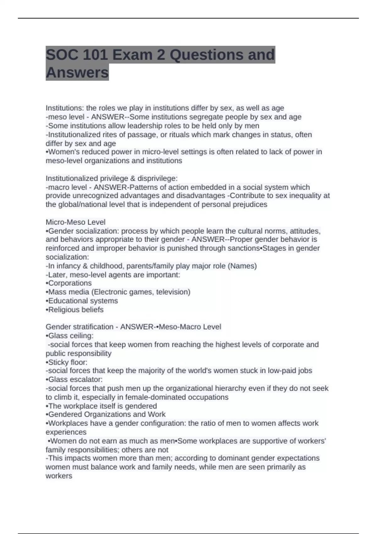 SOC 101 Exam 2 Questions and Answers - Sociology 101 - Stuvia US