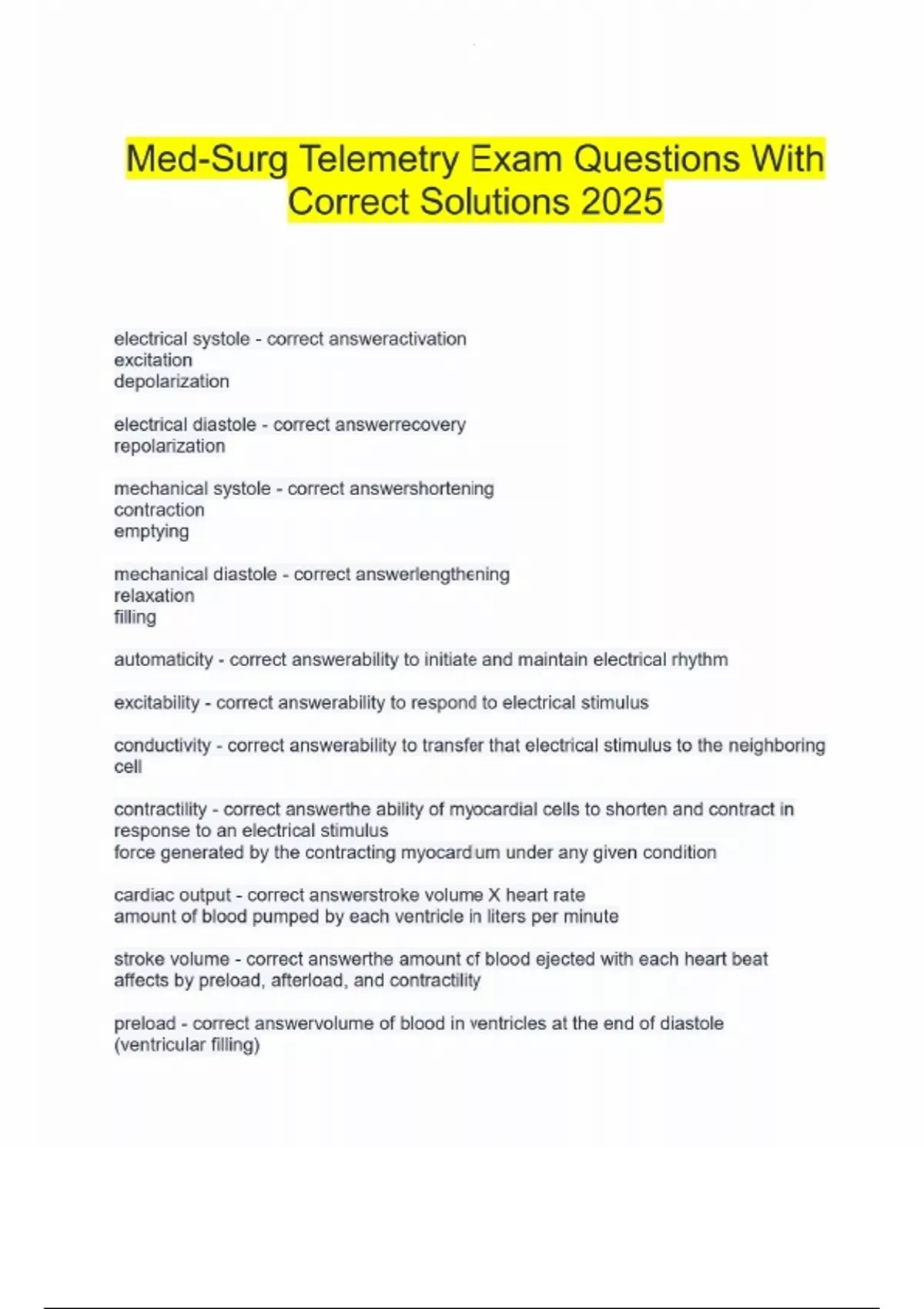 Med-Surg Telemetry Exam Questions With Correct Solutions 2025 - Med ...
