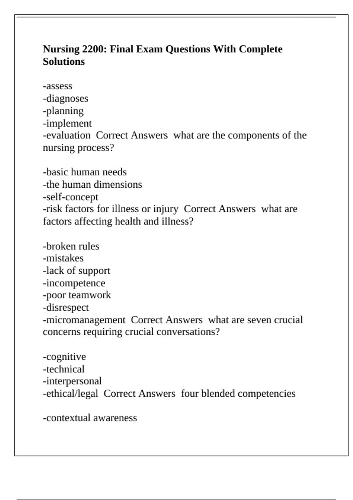 Nursing 2200: Final Exam Questions With Complete Solutions - Nursing ...