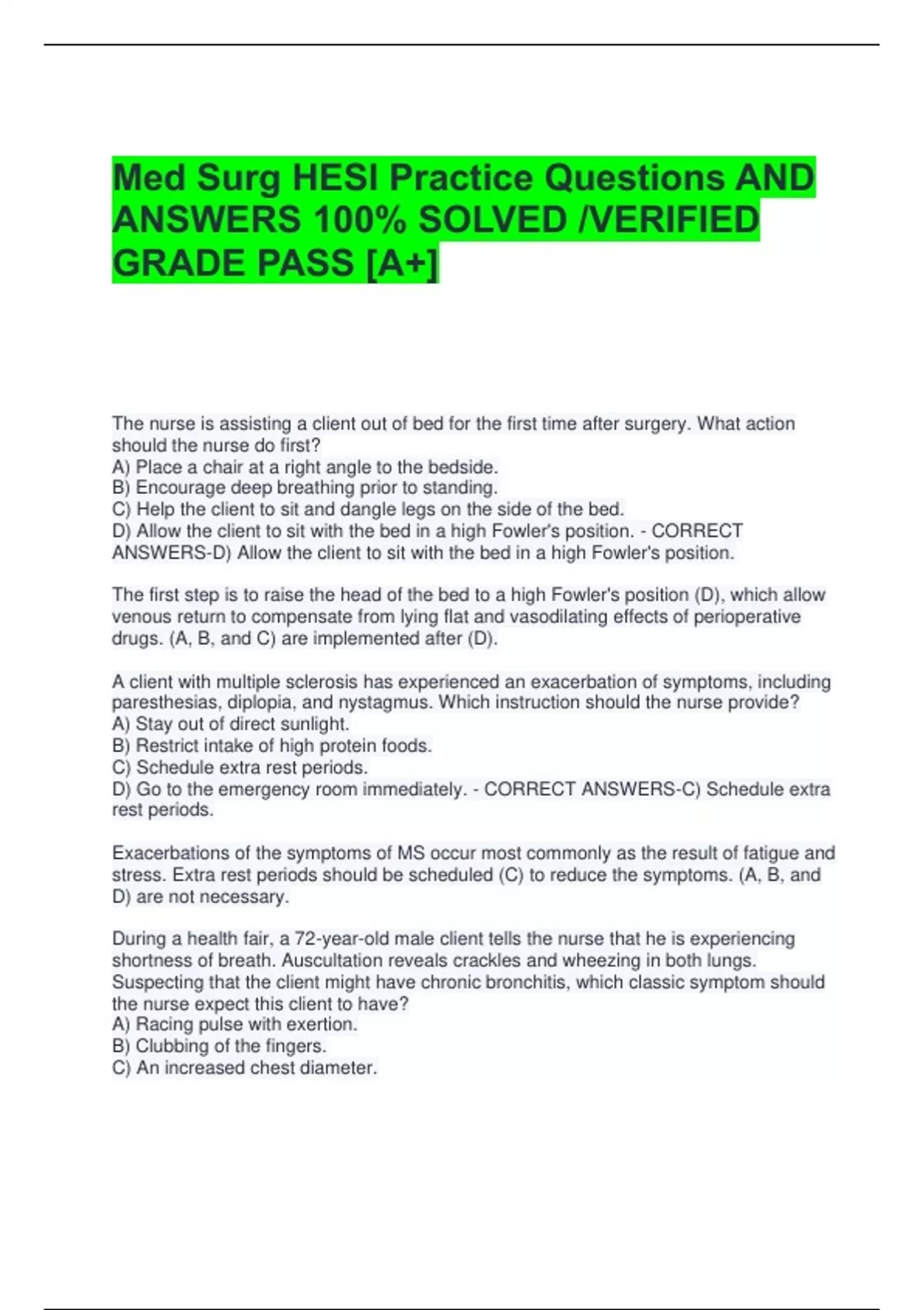 Med Surg HESI Practice Questions AND ANSWERS 100% SOLVED /VERIFIED ...