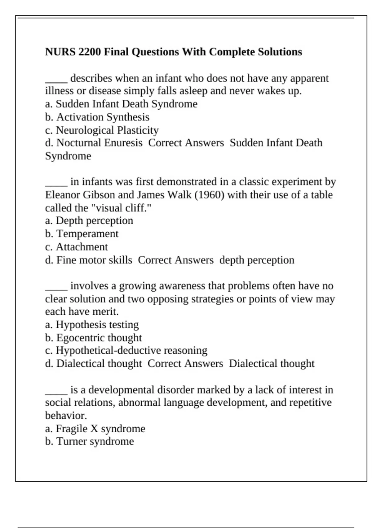 NURS 2200 Final Questions With Complete Solutions - NURS 2200 - Stuvia US