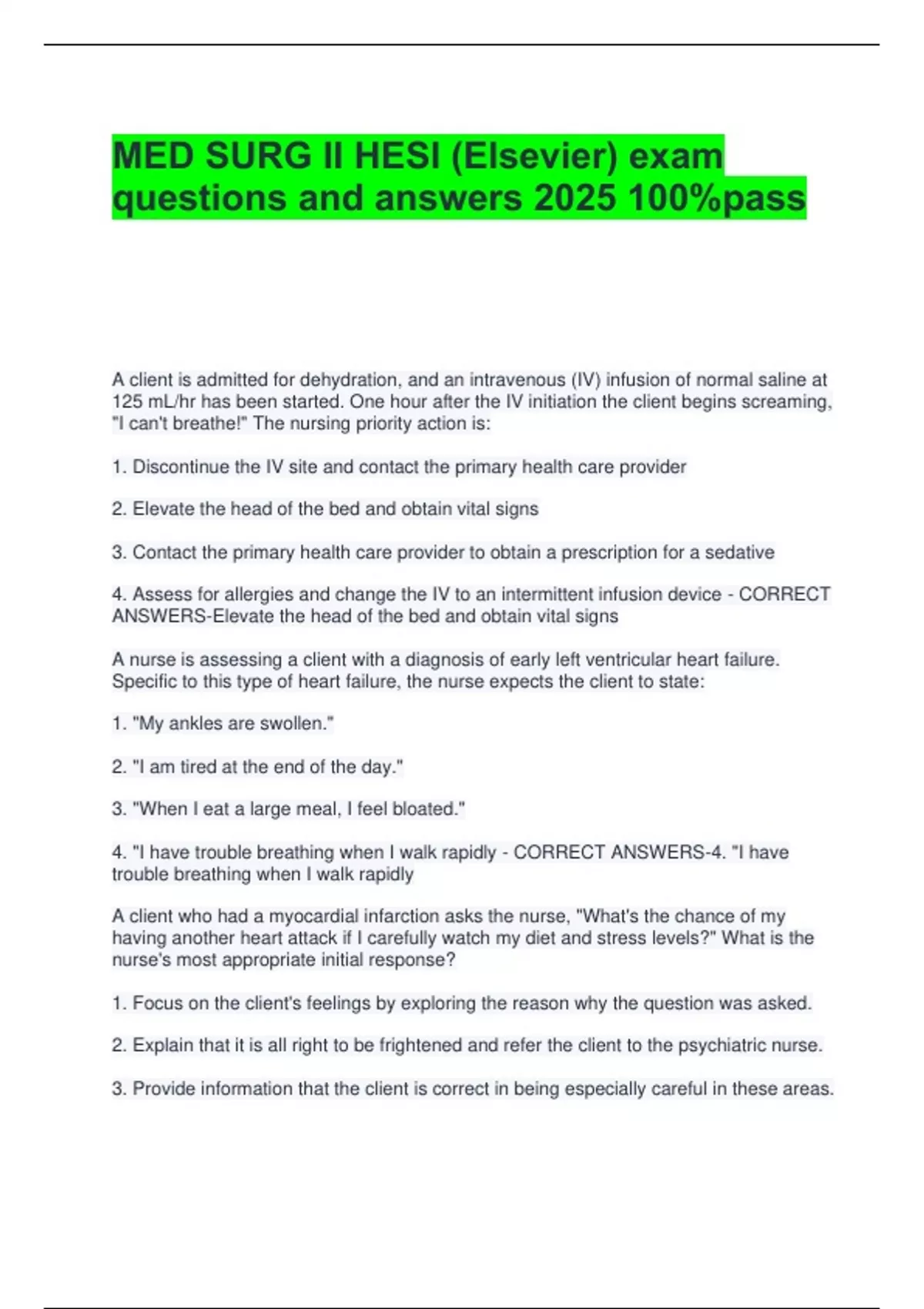 MED SURG II HESI (Elsevier) exam questions and answers 2025 100%pass ...