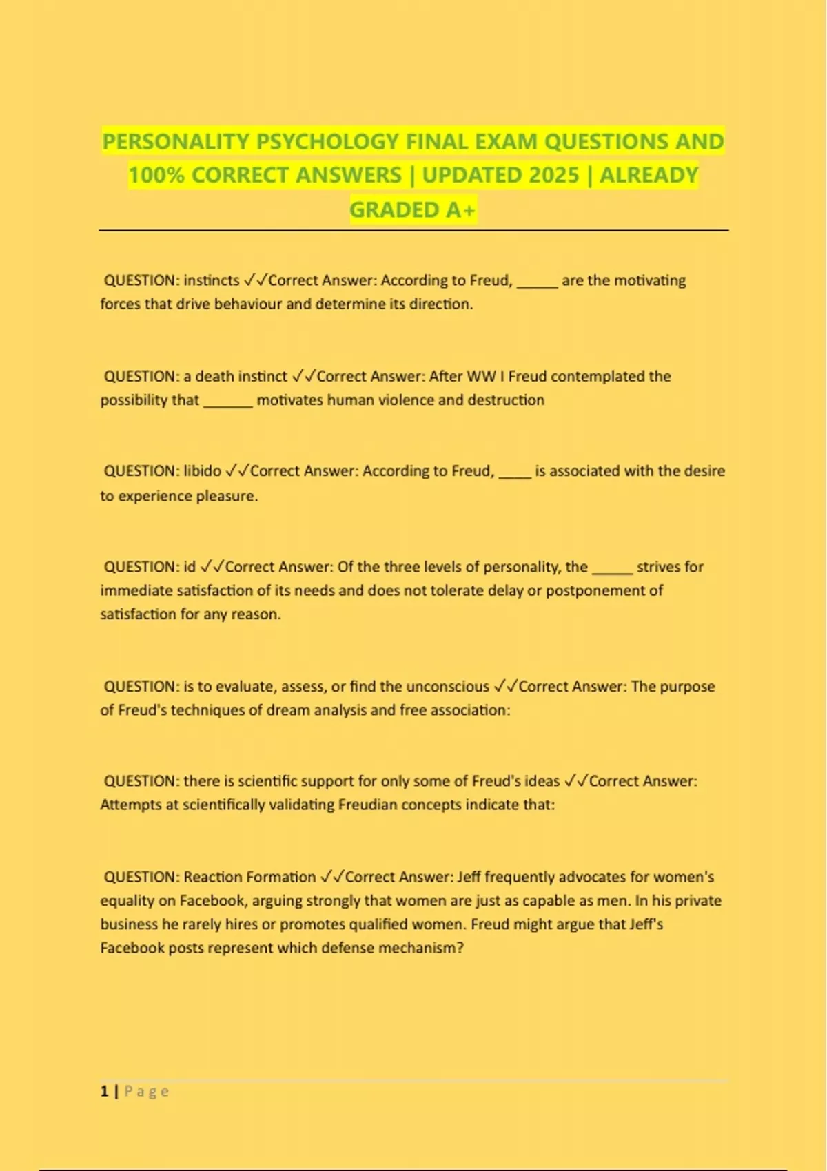 PERSONALITY PSYCHOLOGY FINAL EXAM QUESTIONS AND 100% CORRECT ANSWERS ...