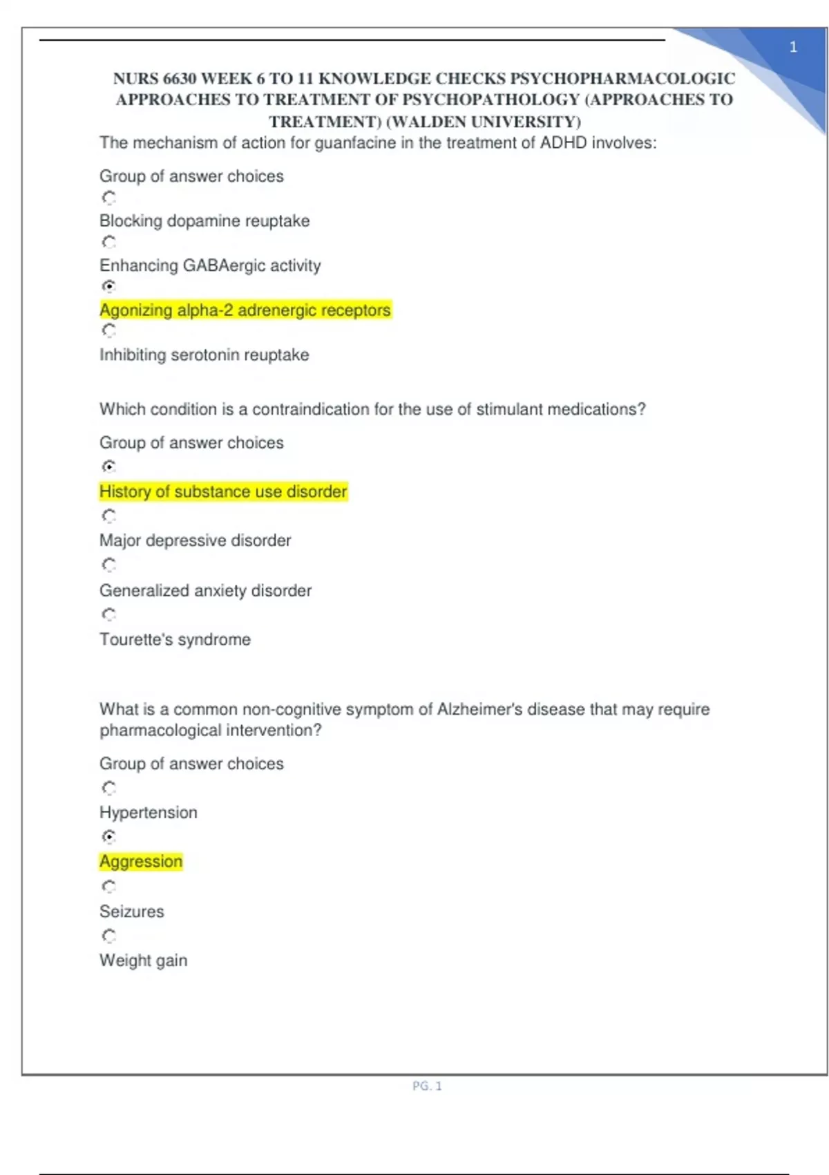 NURS 6630 WEEK 6 TO 11 KNOWLEDGE CHECKS PSYCHOPHARMACOLOGIC APPROACHES ...