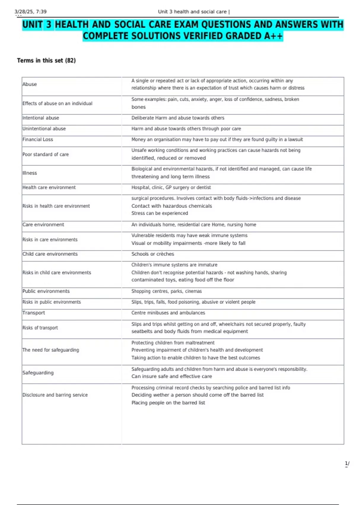 UNIT 3 HEALTH AND SOCIAL CARE EXAM QUESTIONS AND ANSWERS WITH COMPLETE ...