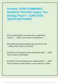 Verified  GCSE COMBINED  SCIENCE TRILOGY Higher Tier  Biology Paper 1 JUNE 2025  QUESTION PAPER          B8 1&rpar; Is photosynthesis an exothermic or endothermic  reaction&quest; - &lowbar;&lowbar;100&percnt; correct answer as Endothermic    B8 2&rpar; Where does photosynthesis take place i
