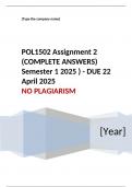 POL1502 Assignment 2 &lpar;COMPLETE ANSWERS&rpar; Semester 1 2025 &lpar;&rpar; - DUE 22 April 2025&semi; 100&percnt; TRUSTED Complete&comma; trusted solutions and explanations&period;&period; Ensure your success with us