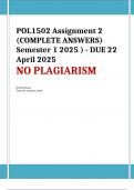 POL1502 Assignment 2 &lpar;COMPLETE ANSWERS&rpar; Semester 1 2025 &lpar;&rpar; - DUE 22 April 2025&semi; 100&percnt; TRUSTED Complete&comma; trusted solutions and explanations&period;&period; Ensure your success with us