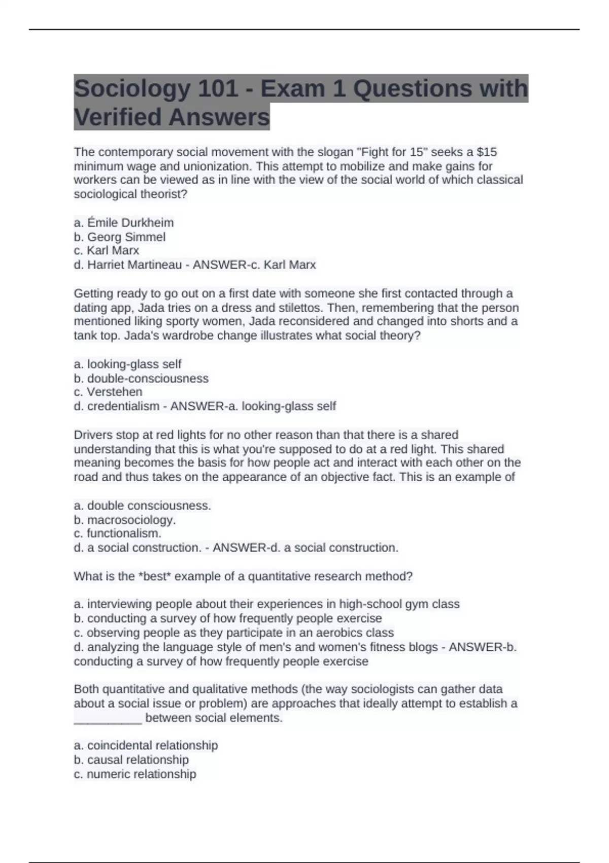 Sociology 101 - Exam 1 Questions with Verified Answers - Sociology 101 ...