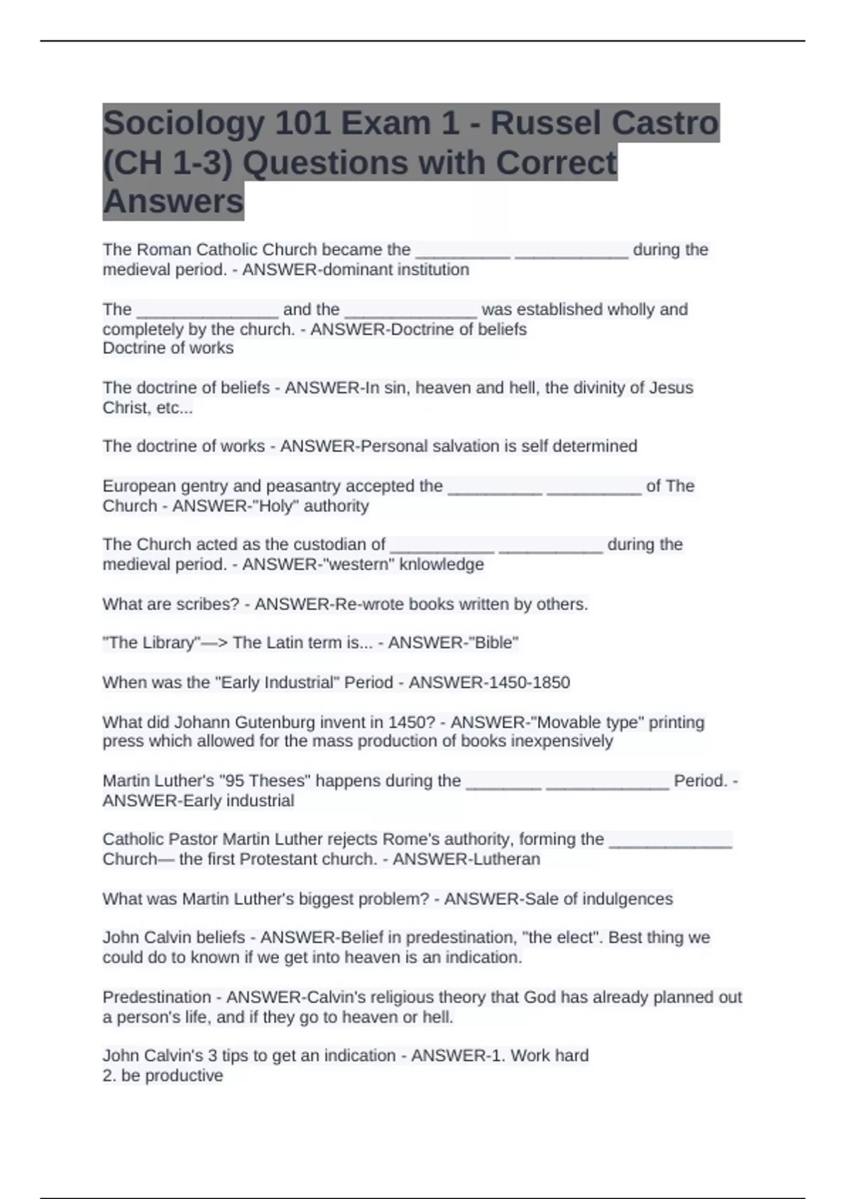 Sociology 101 Exam 1 - Russel Castro (CH 1-3) Questions with Correct ...