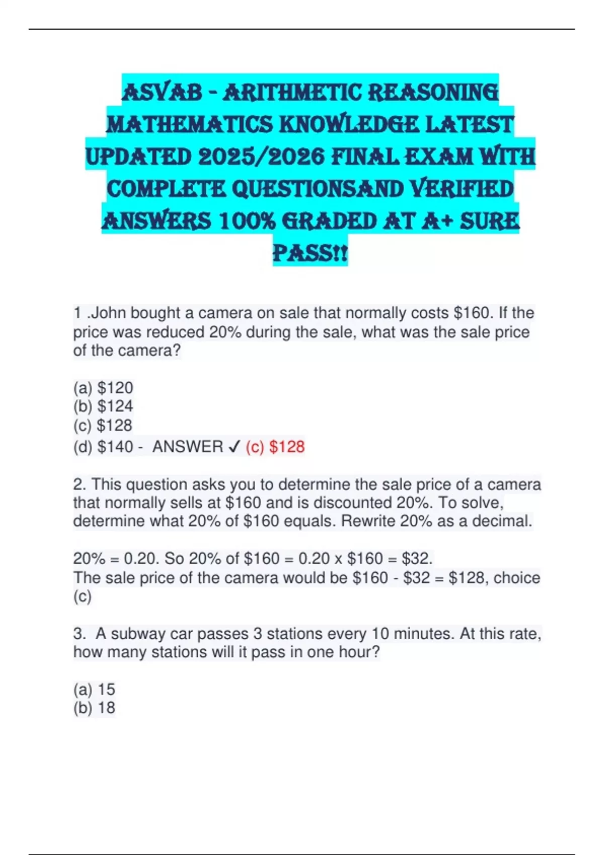 ASVAB - Arithmetic Reasoning Mathematics Knowledge LATEST UPDATED 2025/ ...