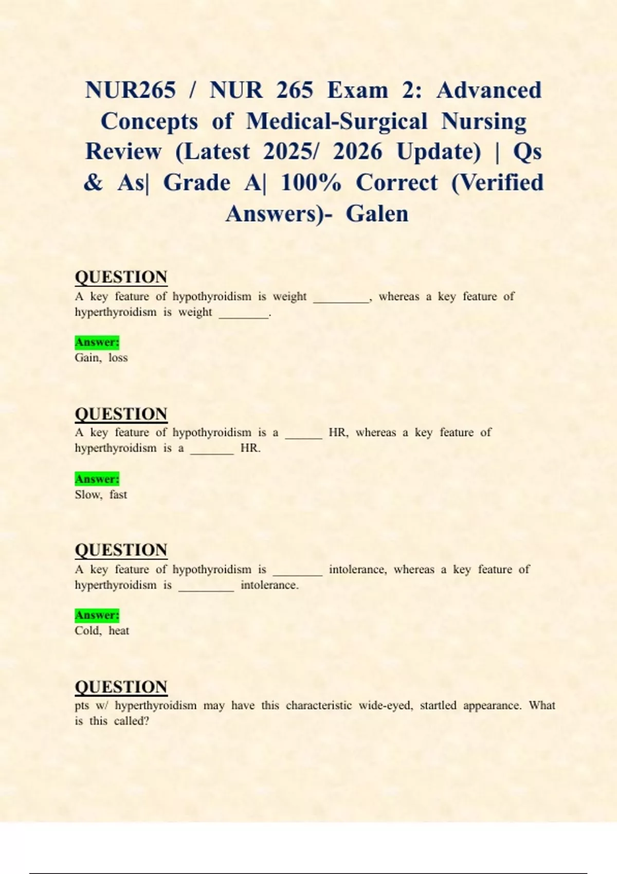 NUR265 / NUR 265 Exam 2: Advanced Concepts of Medical-Surgical Nursing ...