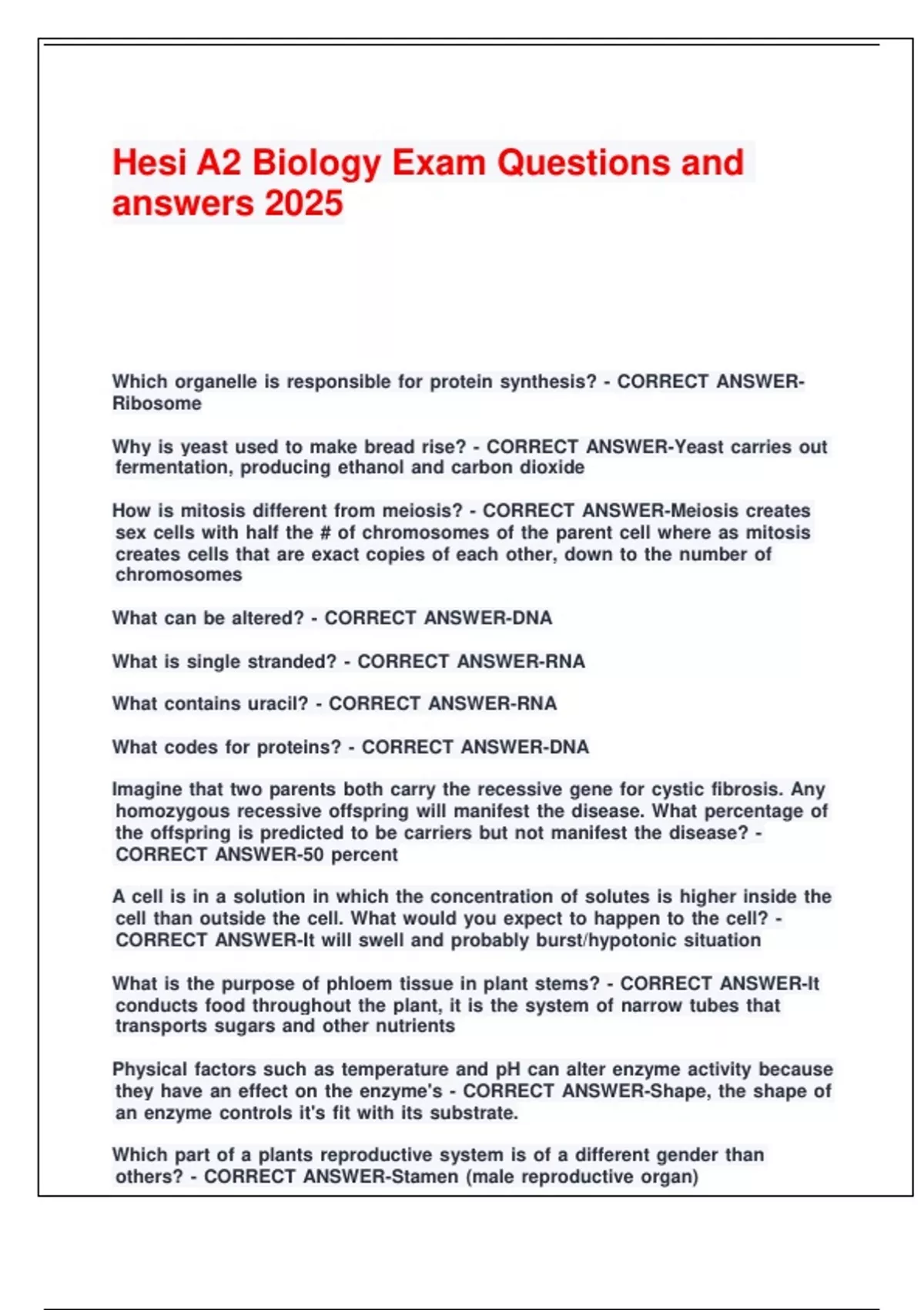 Hesi A2 Biology Exam Questions and answers 2025. - Hesi A2 - Stuvia US