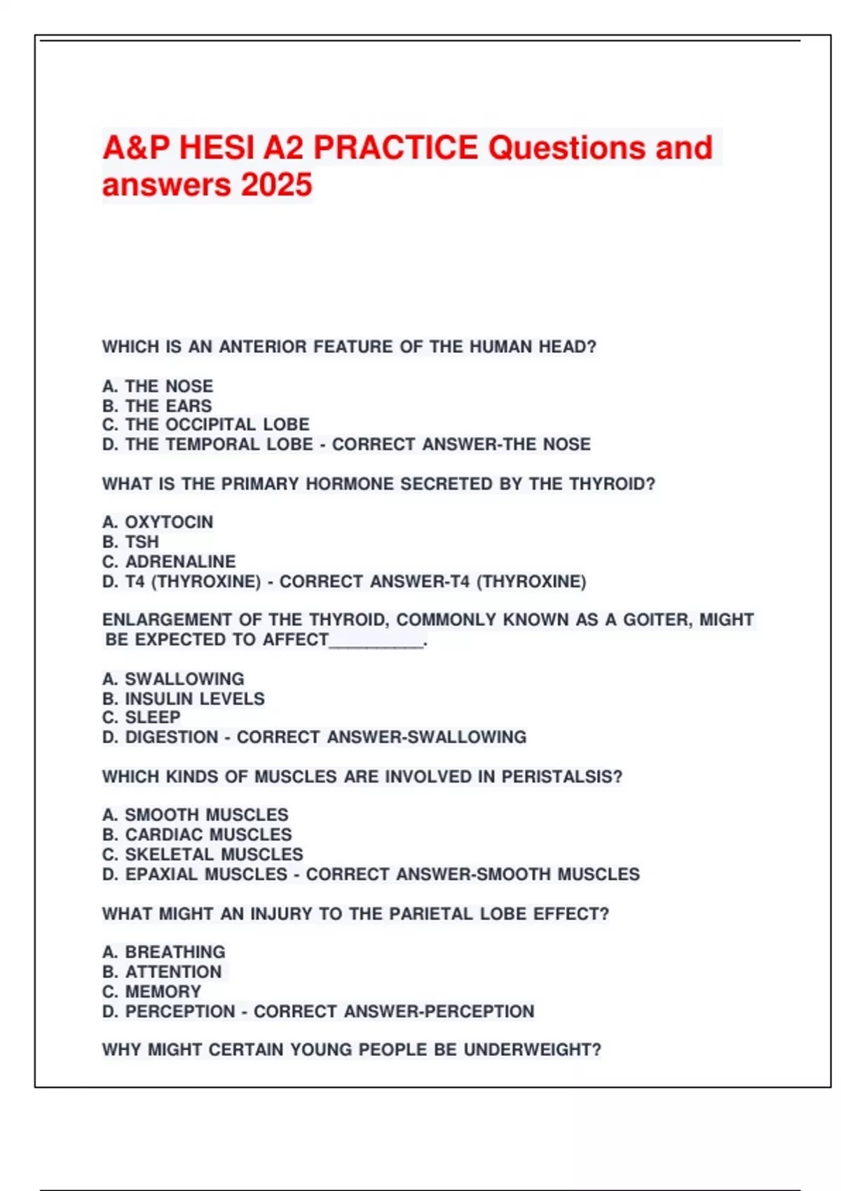 A&P HESI A2 PRACTICE Questions and answers 2025. - Hesi A2 - Stuvia US