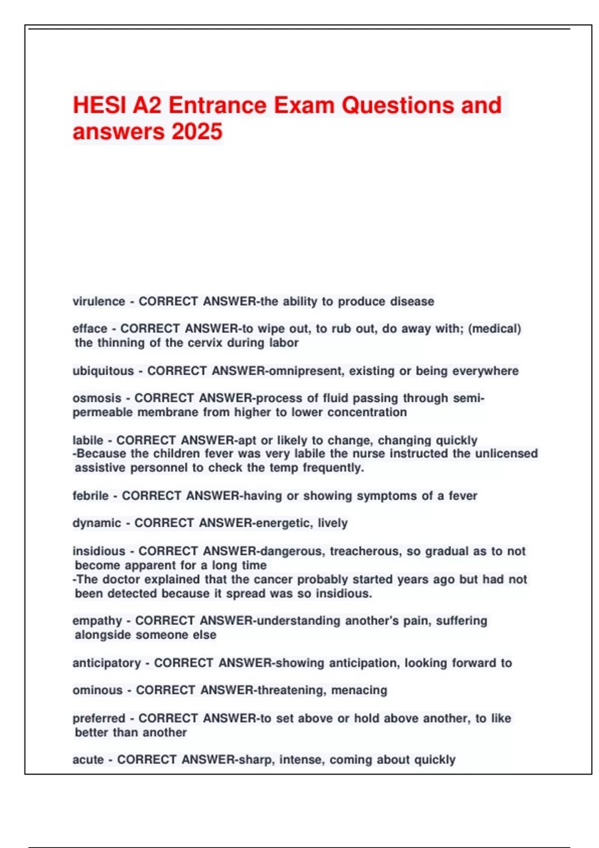 HESI A2 Entrance Exam Questions and answers 2025. - Hesi A2 - Stuvia US
