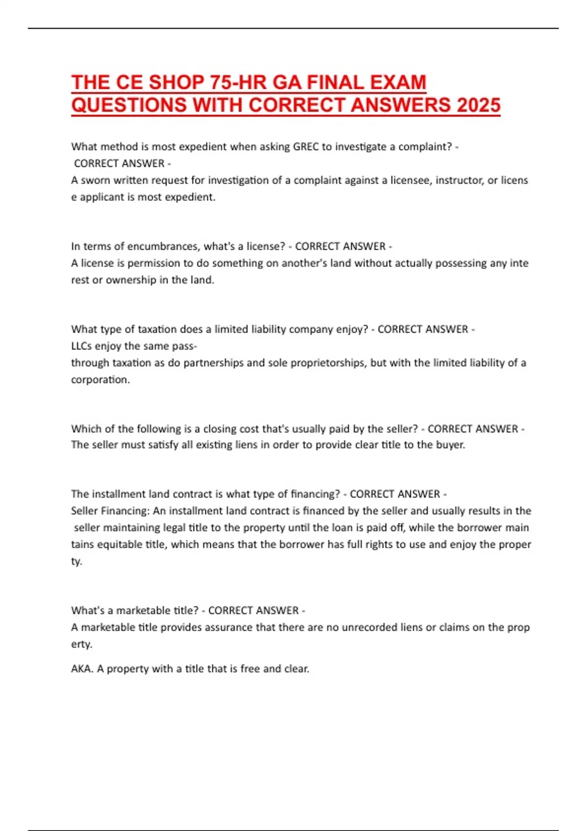 THE CE SHOP 75-HR GA FINAL EXAM QUESTIONS WITH CORRECT ANSWERS 2025 ...
