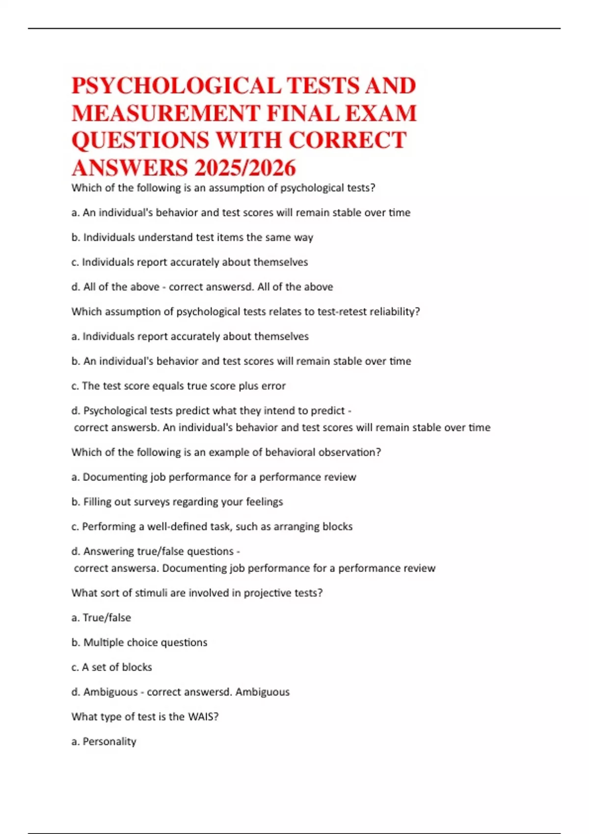 PSYCHOLOGICAL TESTS AND MEASUREMENT FINAL EXAM QUESTIONS WITH CORRECT ...