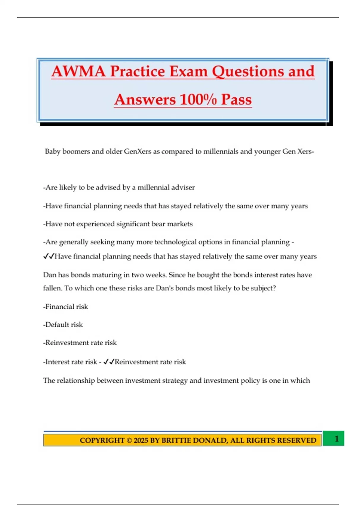 AWMA Practice Exam Questions and Answers 100% Pass - Awma - Stuvia US