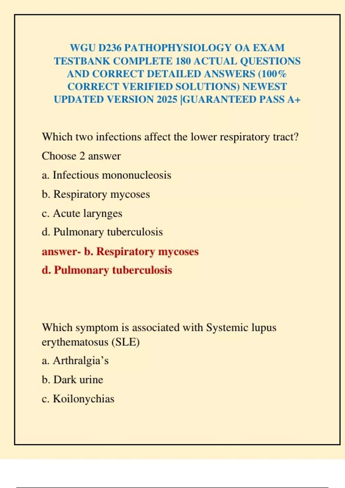 WGU D236 PATHOPHYSIOLOGY OA EXAM TESTBANK COMPLETE 180 ACTUAL QUESTIONS ...